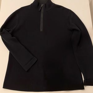 Men’s solid black cotton sweater, turtleneck, zipper neckline, elbow patch